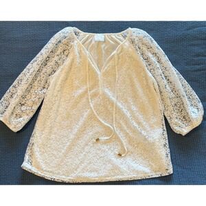 SirenLilly Petites White Floral Lace Blouse 3/4 Sleeve Tie Neck‎ Top PM